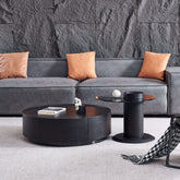 Round black and grey nesting coffee table set with storage and tempered glass top